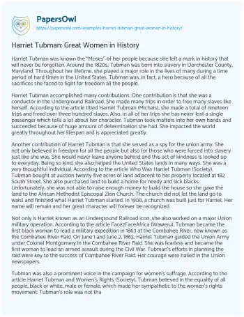 Essay on Harriet Tubman: Great Women in History