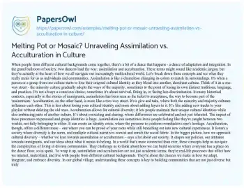 Essay on Melting Pot or Mosaic? Unraveling Assimilation Vs. Acculturation in Culture