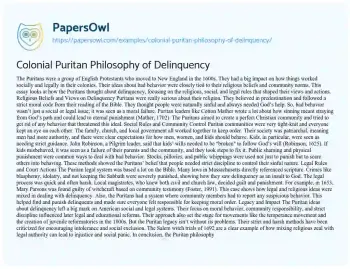 Essay on Colonial Puritan Philosophy of Delinquency