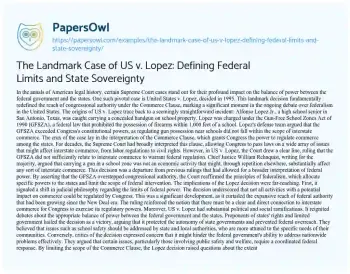 Essay on The Landmark Case of US V. Lopez: Defining Federal Limits and State Sovereignty