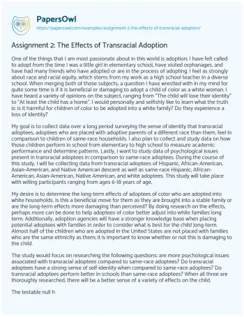 Essay on Assignment 2: the Effects of Transracial Adoption