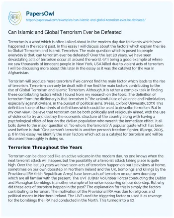 Essay on Can Islamic and Global Terrorism Ever be Defeated