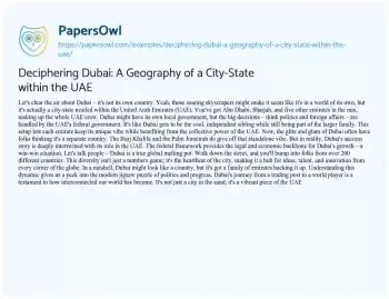 Essay on Deciphering Dubai: a Geography of a City-State Within the UAE