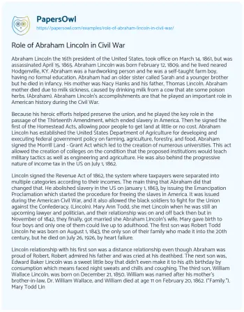 Essay on Role of Abraham Lincoln in Civil War