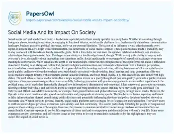 Essay on Social Media and its Impact on Society