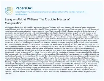 Essay on Essay on Abigail Williams the Crucible: Master of Manipulation