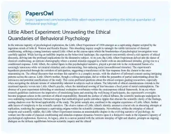 Essay on Little Albert Experiment: Unraveling the Ethical Quandaries of Behavioral Psychology