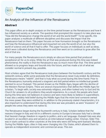 Essay on An Analysis of the Influence of the Renaissance