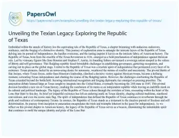 Essay on Unveiling the Texian Legacy: Exploring the Republic of Texas