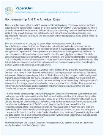 Essay on Homeownership and the American Dream