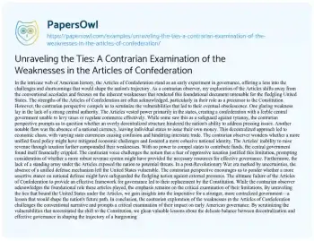 Essay on Unraveling the Ties: a Contrarian Examination of the Weaknesses in the Articles of Confederation