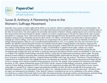 Essay on Susan B. Anthony: a Pioneering Force in the Women’s Suffrage Movement