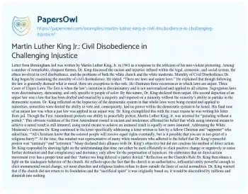 Essay on Martin Luther King Jr.: Civil Disobedience in Challenging Injustice