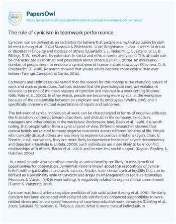 Essay on The Role of Cynicism in Teamwork Performance