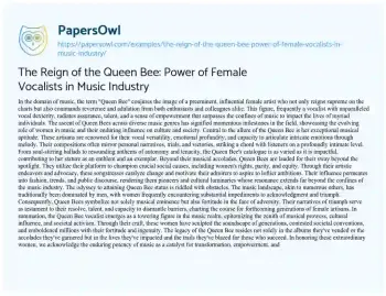 Essay on The Reign of the Queen Bee: Power of Female Vocalists in Music Industry