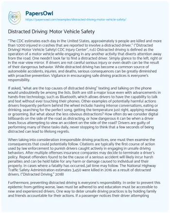 Essay on Distracted Driving: Motor Vehicle Safety