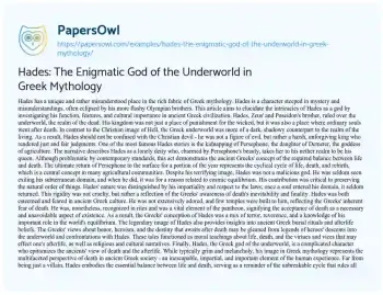 Essay on Hades: the Enigmatic God of the Underworld in Greek Mythology