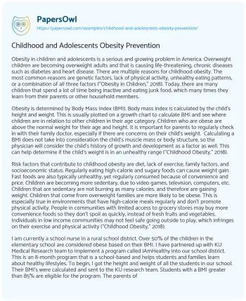 Essay on Childhood and Adolescents Obesity Prevention