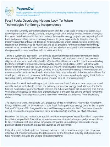 Essay on Fossil Fuels: Developing Nations Look to Future Technologies for Energy Independence