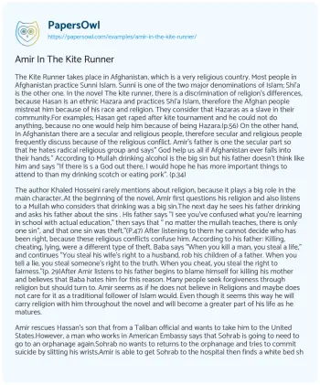 Essay on Amir in the Kite Runner