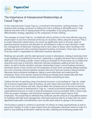 Essay on The Importance of Interpersonal Relationships at Casual Togs Inc