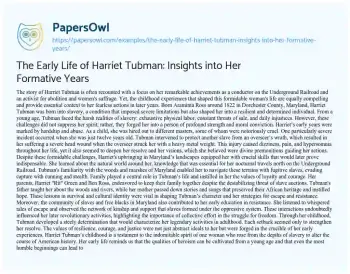 Essay on The Early Life of Harriet Tubman: Insights into her Formative Years