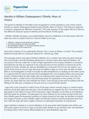 Essay on Identity in William Shakespeare’s Othello, Moor of Venice