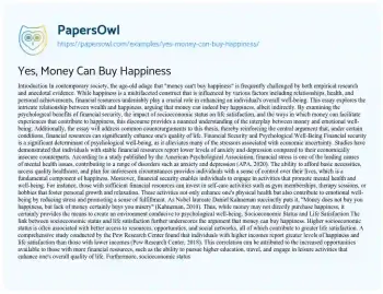 Essay on Yes, Money Can Buy Happiness