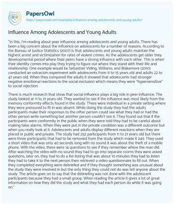 Essay on Influence Among Adolescents and Young Adults