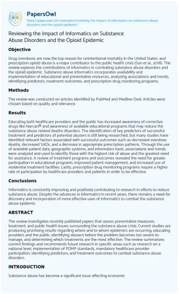 Essay on Reviewing the Impact of Informatics on Substance Abuse Disorders and the Opioid Epidemic