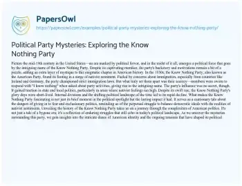 Essay on Political Party Mysteries: Exploring the Know Nothing Party