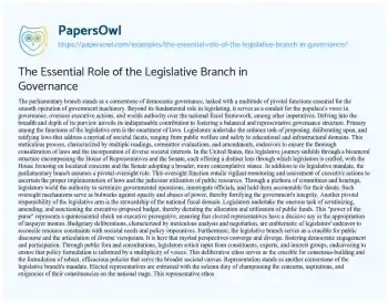 Essay on The Essential Role of the Legislative Branch in Governance