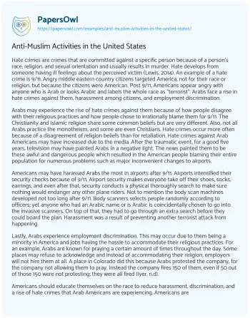 Essay on Anti-Muslim Activities in the United States