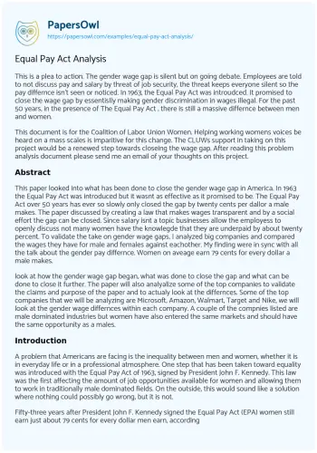 Essay on Equal Pay Act Analysis