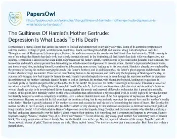 Essay on The Guiltiness of Hamlet’s Mother Gertrude: Depression is what Leads to his Death