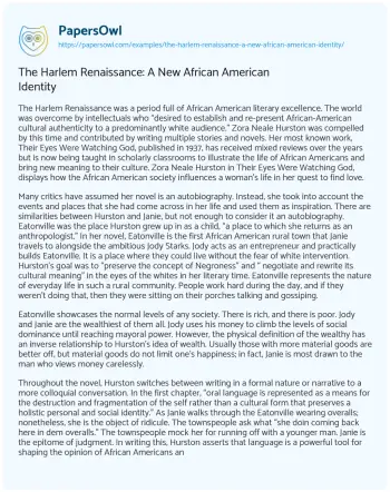 Essay on The Harlem Renaissance: a New African American Identity