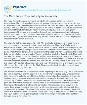 Essay on The Maze Runner Book and a Dystopian Society