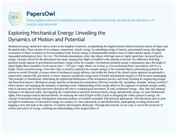 Essay on Exploring Mechanical Energy: Unveiling the Dynamics of Motion and Potential