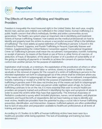 Essay on The Effects of Human Trafficking and Healthcare Providers