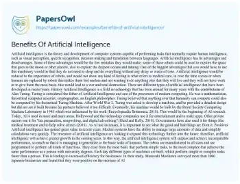 Essay on Benefits of Artificial Intelligence