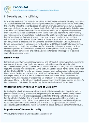 Essay on In Sexuality and Islam, Dialmy