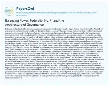 Essay on Balancing Power: Federalist No. 51 and the Architecture of Governance