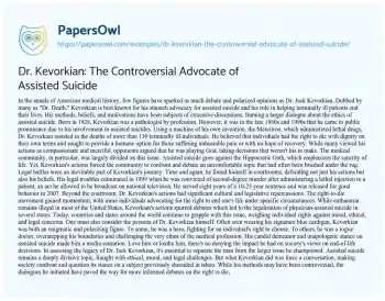 Essay on Dr. Kevorkian: the Controversial Advocate of Assisted Suicide