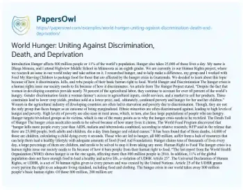 Essay on World Hunger: Uniting against Discrimination, Death, and Deprivation