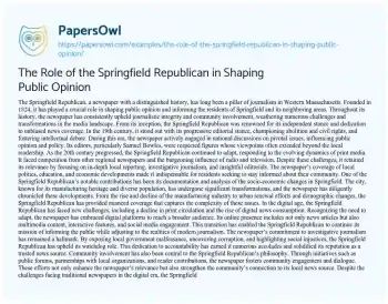 Essay on The Role of the Springfield Republican in Shaping Public Opinion