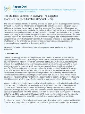 Essay on The Students’ Behavior in Involving the Cognitive Processes on the Utilization of Social Media