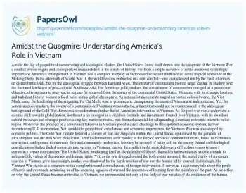 Essay on Amidst the Quagmire: Understanding America’s Role in Vietnam