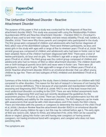 Essay on The Unfamiliar Childhood Disorder – Reactive Attachment Disorder