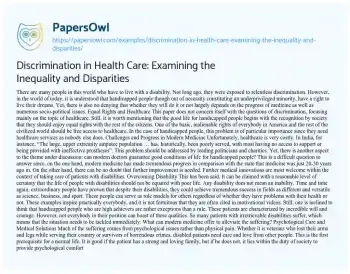 Essay on Discrimination in Health Care: Examining the Inequality and Disparities