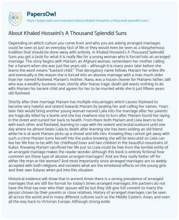 Essay on About Khaled Hosseini’s a Thousand Splendid Suns